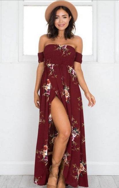 Elegant Ladies Summer Boho Vacation Resort Slit Maxi dress off shoulder Long floral Beach summer slit dress - EX-STOCK Canada