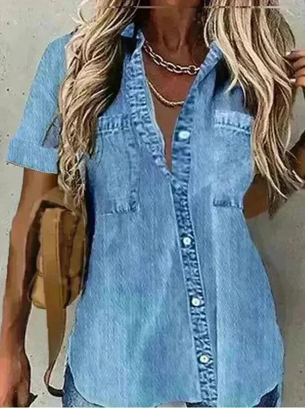 Best Women Loose Denim-like Printed Short-sleeved Shirt Jeans Denim Shirt dress Denim Top dress - EX-STOCK CANADA
