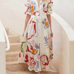 Summer Print Dresses V-neck Button Short Sleeve Midi Dress - EX-STOCK Canada