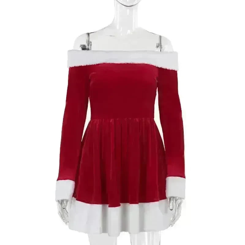 Women's Christmas Costume Santa Dress Plush Trim Boat-Neck Off-Shoulder Sleeve Dress New Year Party Cosplay Costume - EX-STOCK CANADA