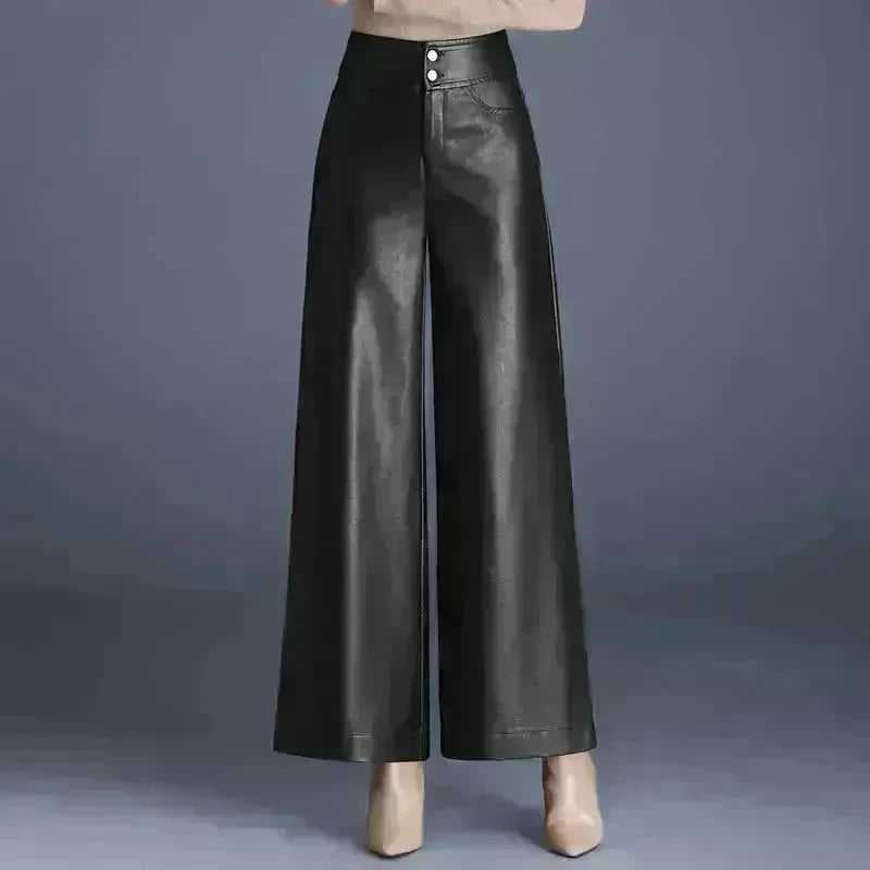 High Waist Thick Loose Big Leg Straight All-matching Wide Leg Leather trouser Pants For Women - EX-STOCK CANADA