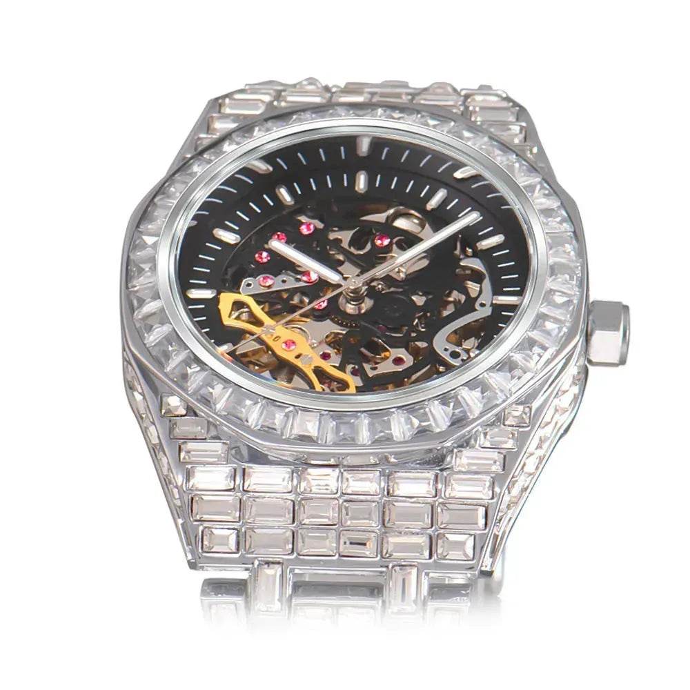 Hip Hop Full Square Diamond Luminous Hollow Mechanical Watch - EX-STOCK Canada