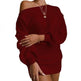 Autumn Winter Slant Shoulder Off Lantern sleeve Mini knitted wool sweater dress - EX-STOCK Canada