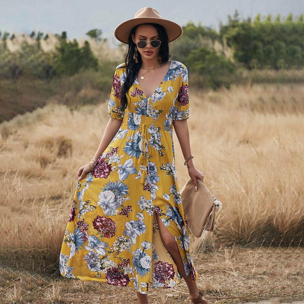 Floral Summer Beach Dress With V Neck Elastic Waist Dresses For Women - EX-STOCK Canada