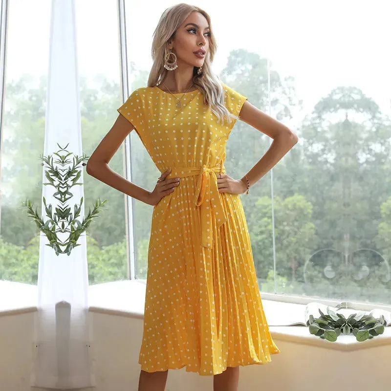 Summer Women Polka Dot Short Sleeve Dress Casual Pleated Midi Dresses Elegant Green Office Lady Clothing - EX-STOCK CANADA