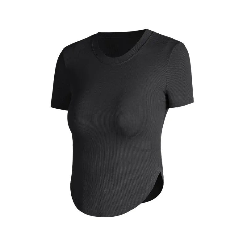 Rib Sports Short-sleeved Blouse With Chest Pad Workout Clothes Running T-shirt Beauty Back Tight - EX-STOCK CANADA
