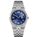 Silver watch with blue dial on a white background