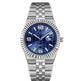Silver watch with blue dial on a white background