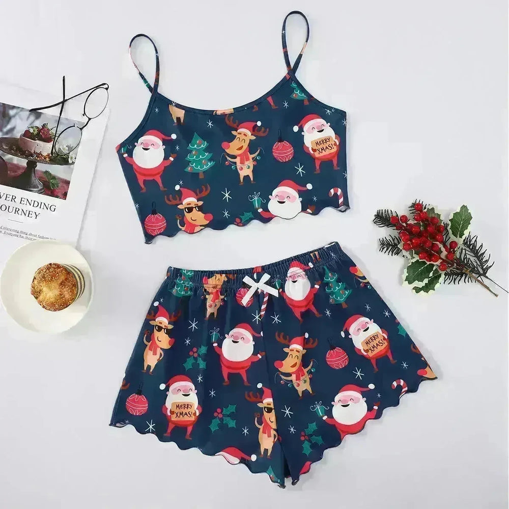 Christmas European And American Thin Pajamas Women's Sleeveless Shorts Milk Silk Simple Casual Two-piece Suit Homewear - EX-STOCK CANADA