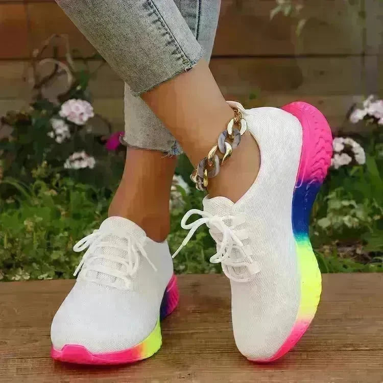 Lace-up Mesh Shoes With Rainbow Sole Design Fashion Walking Running Sports Shoes Sneakers For Women - EX-STOCK CANADA