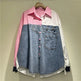 High-grade Contrast Color Patchwork Cotton Denim Long Sleeve Loose Shirt Women - EX-STOCK CANADA