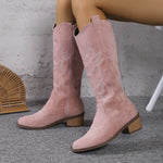 Women's Retro Pointed Toe Chunky Heel Solid Color Side Zipper Mid-calf Cowboy Boot - EX-STOCK Canada