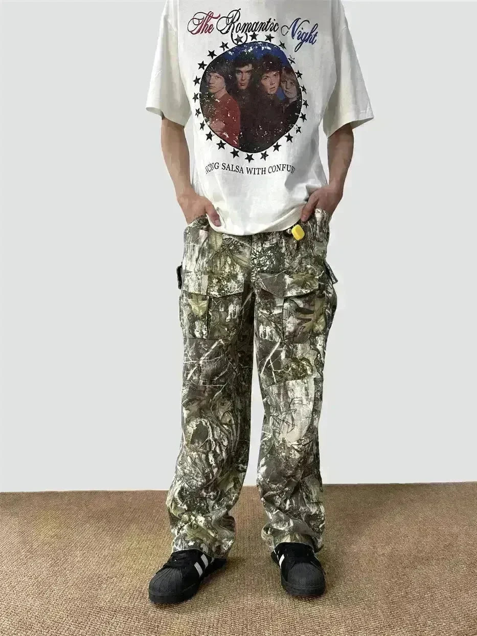 Loose Straight Tree Worn Looking Washed-out Camouflage Printed Cargo pant Men - EX-STOCK CANADA