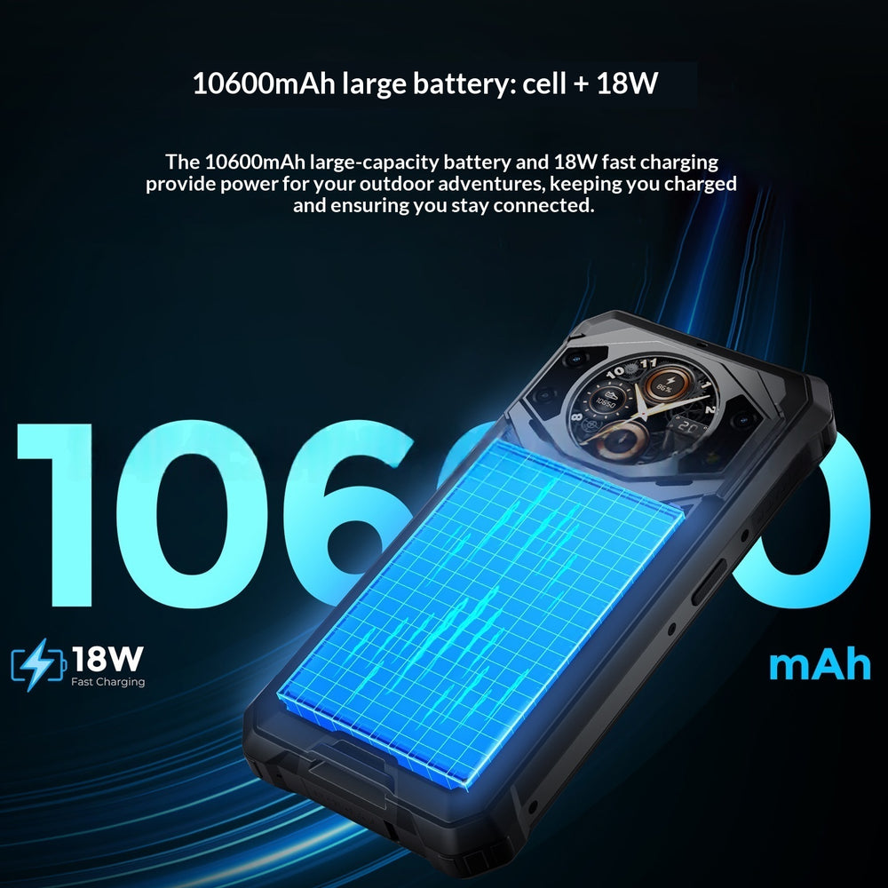 Phone with 10600mAh battery and 18W fast charging on a dark background