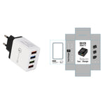 White USB charger with multiple ports and packaging on a white background