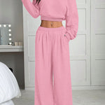 Women's Multi-Colour 2-Piece Off-Shoulder Loungewear Set, Cropped Long-Sleeve Top and Wide-Leg Pants, S–2XL