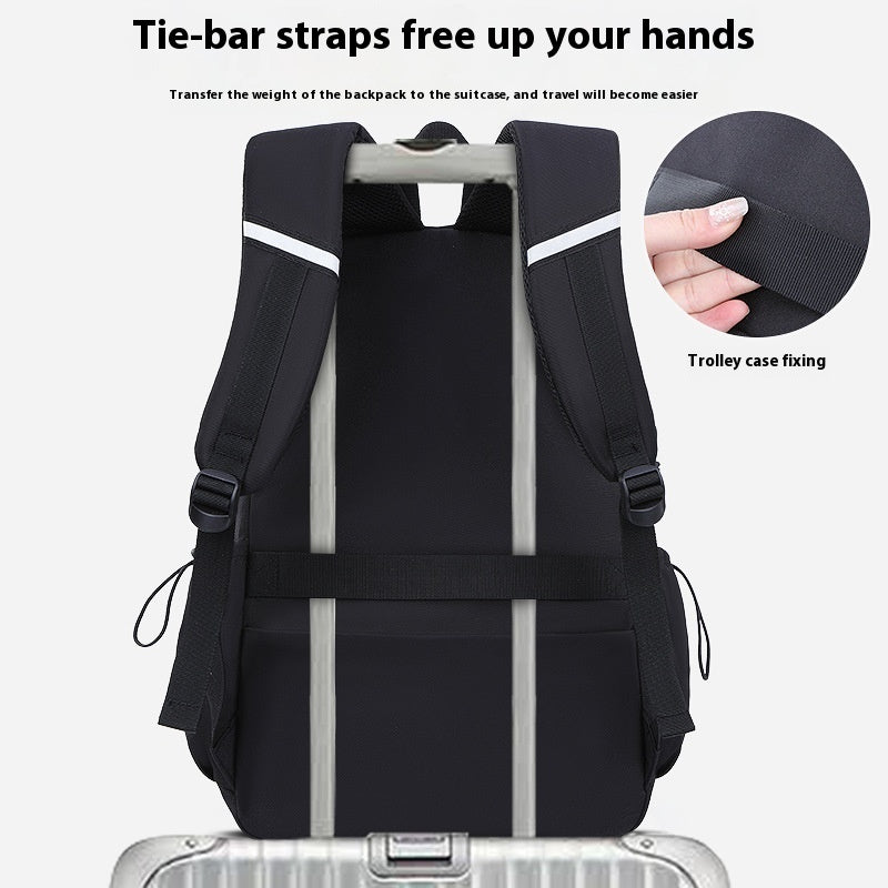 Black backpack with tie-bar straps on a white background