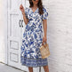 Puff Sleeve dress V Neck Blue Floral Bohemian Midi Dress EX-STOCK