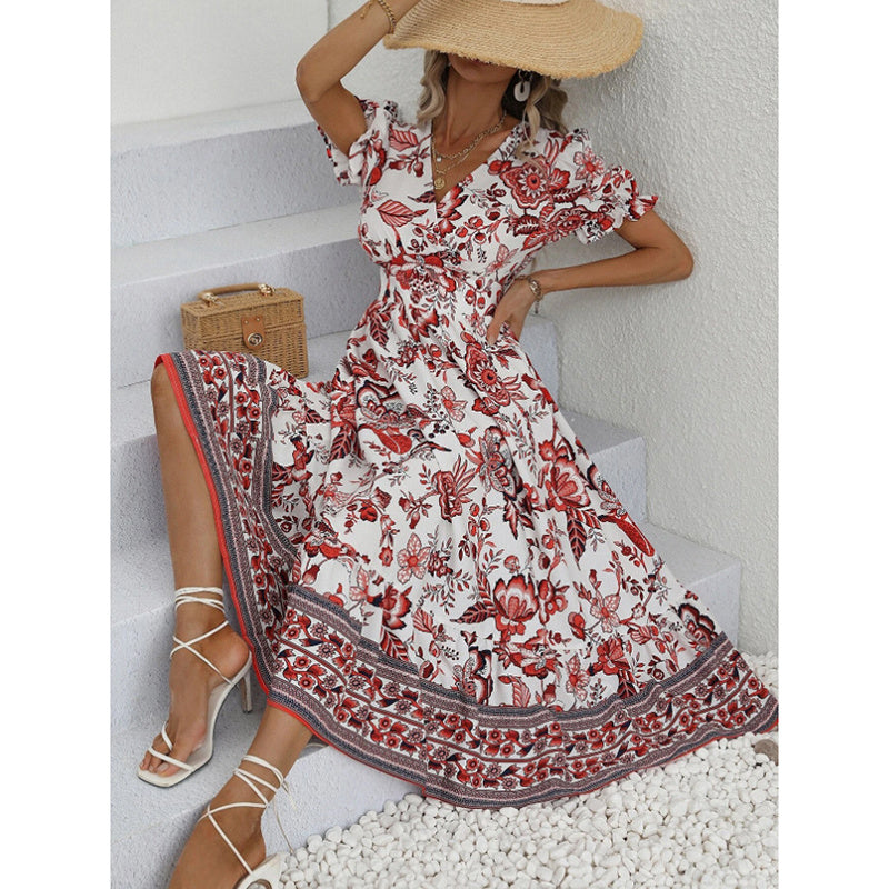 Puff Sleeve dress V Neck Blue Floral Bohemian Midi Dress EX-STOCK