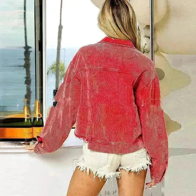 Women Christmas Corduroy Rugby Sequined crop Jacket - EX-STOCK CANADA