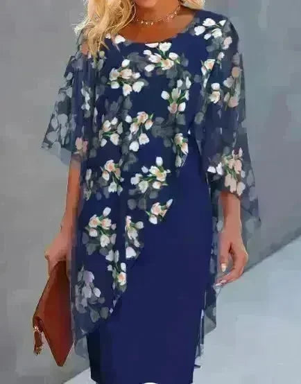 Printed  Floral Chiffon Fashion Straight Cut Modest  Dress - EX-STOCK CANADA