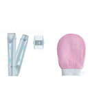 Hair removal product set with two white devices, a pink mitt, and attachments on a white background.