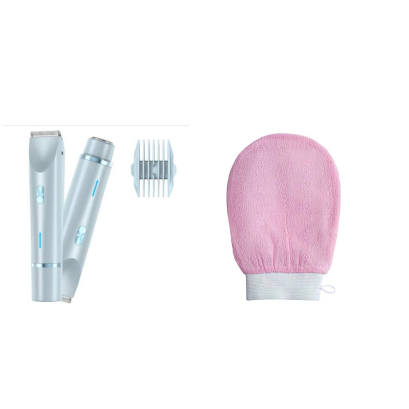 Hair removal product set with two white devices, a pink mitt, and attachments on a white background.