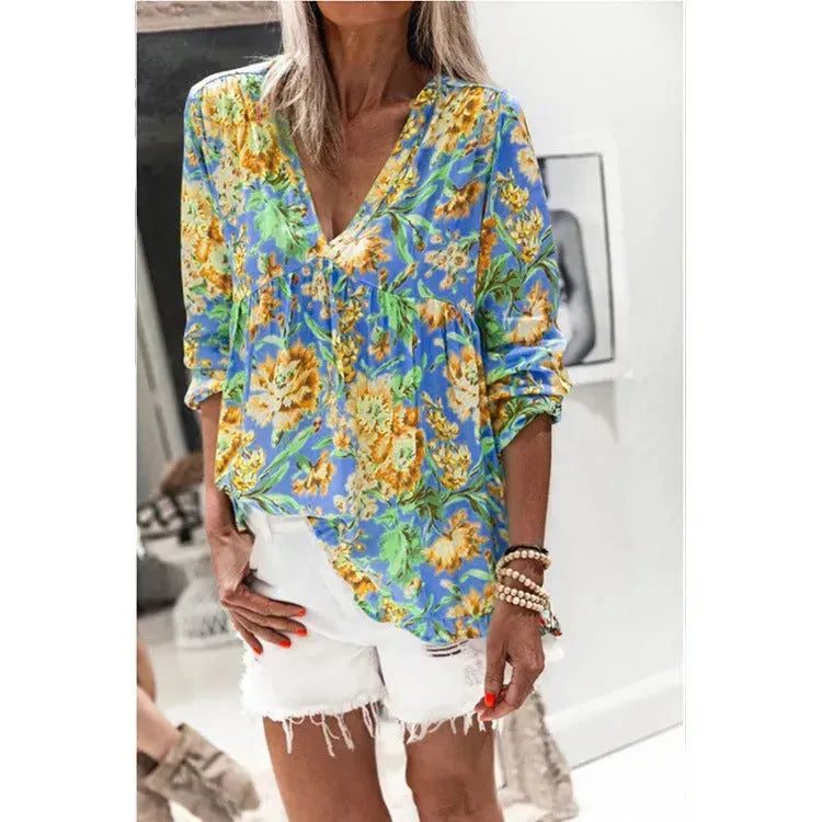 Women Casual Spring Summer New Style Blouse top Printing V-Neck Long-Sleeved - EX-STOCK CANADA