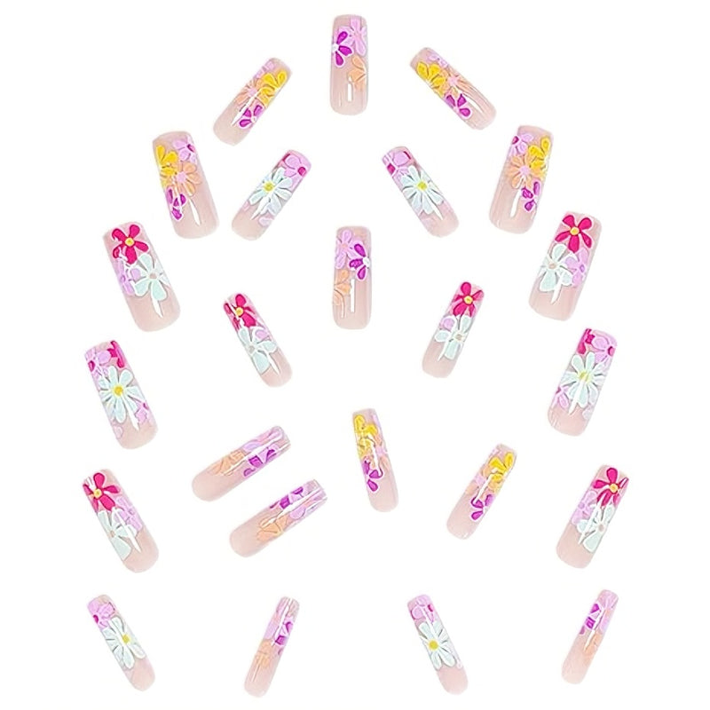 24 PCS Long Flat Flowers Nail Art, Long Length Long Water Pipe Fake Nails,Square Head Nail Tips False Nail EX-STOCK Canada 