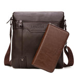 Brown leather crossbody bag with matching wallet on a white background