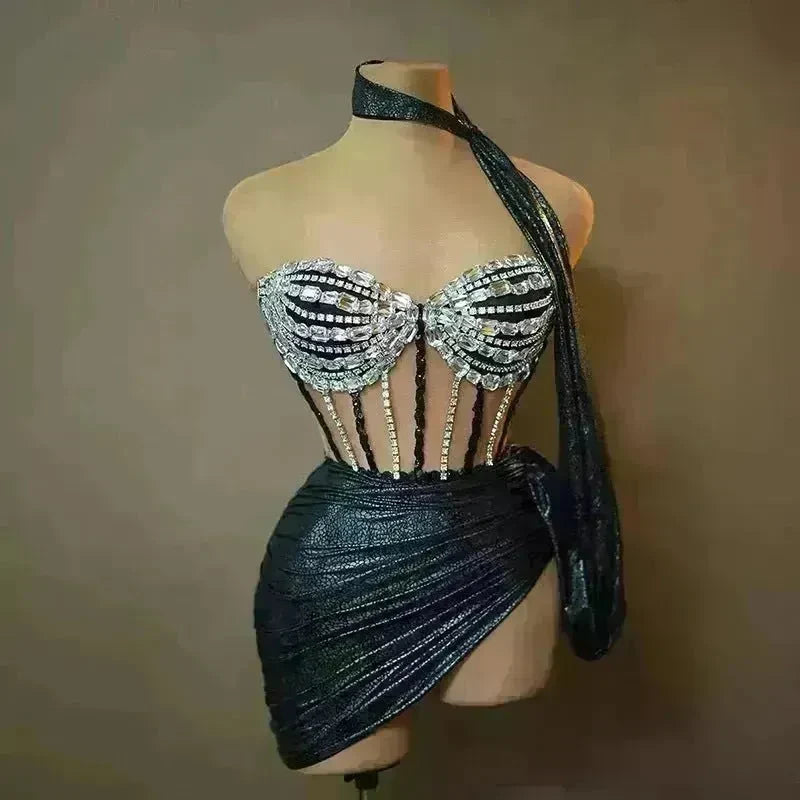 Strapless Tassle  Corset dress Women's Tube Top Rhinestone Chain Skirt Outfit for Evening party Cocktail event - EX-STOCK CANADA
