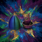 Colorful ceramic egg-shaped object with a smaller bowl-like item on a white background