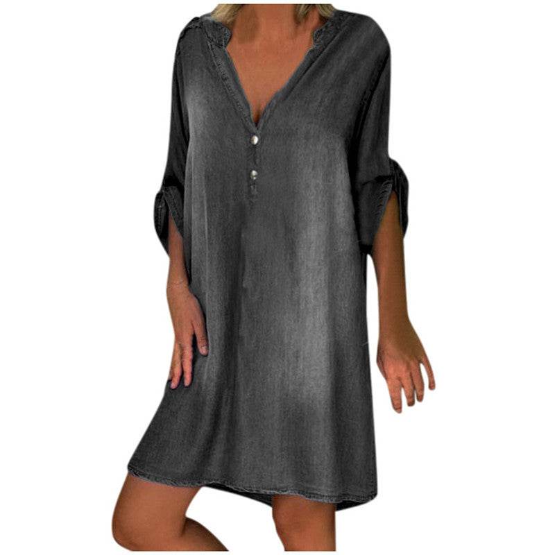 Casual Half Button Mid-sleeve loose Washed denim dress - EX-STOCK Canada