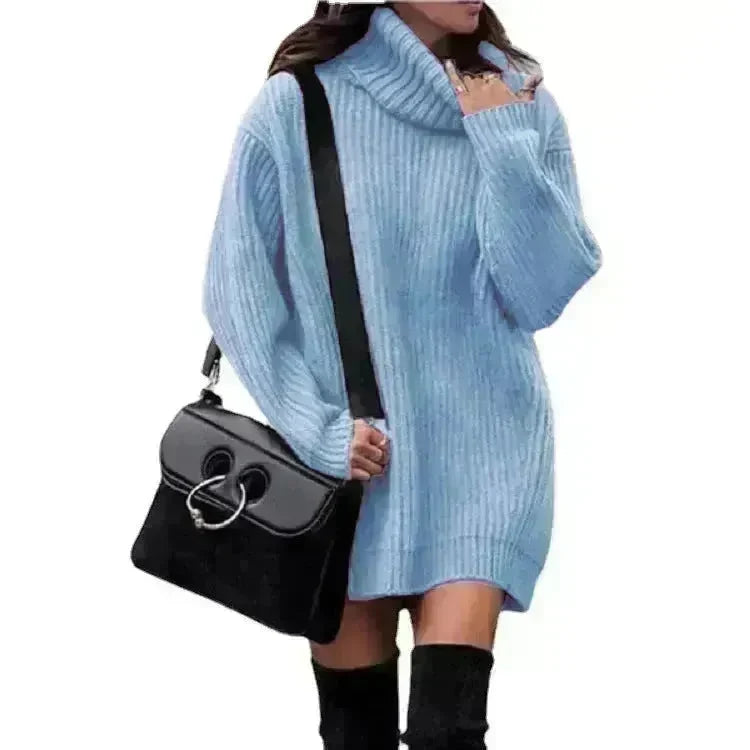 Autumn Winter Solid Cashmere oversized Knitted Mini Turtleneck Sweater Dress - EX-STOCK CANADA