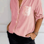 Casual Button-down Long Sleeve Shirt With Sequin Pocket Design Fashion Commuter Top Women Clothing - EX-STOCK CANADA