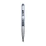 A sleek, metallic silver retractable ballpoint pen shown vertically against a plain white background.