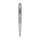 A sleek, metallic silver retractable ballpoint pen shown vertically against a plain white background.