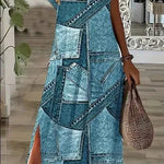 Elegant Women's Short Sleeve V-Neck Denim-Inspired Dress With Geometric Print And Side Slit -  Machine Washable - Chic Summer Fashion - EX-STOCK CANADA