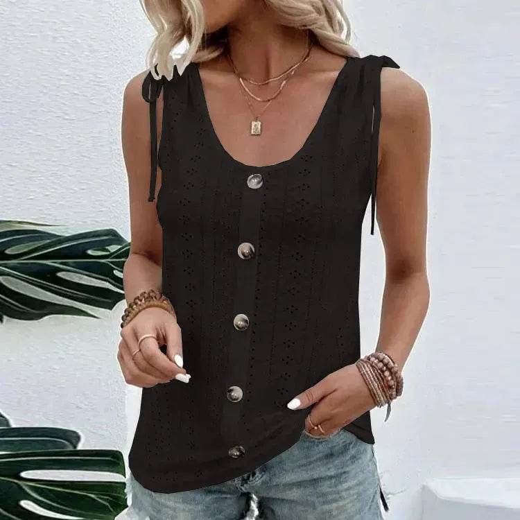 Casual summer U-neck Vest Women Shoulder With Bow Tie Summer blouse top - EX-STOCK CANADA