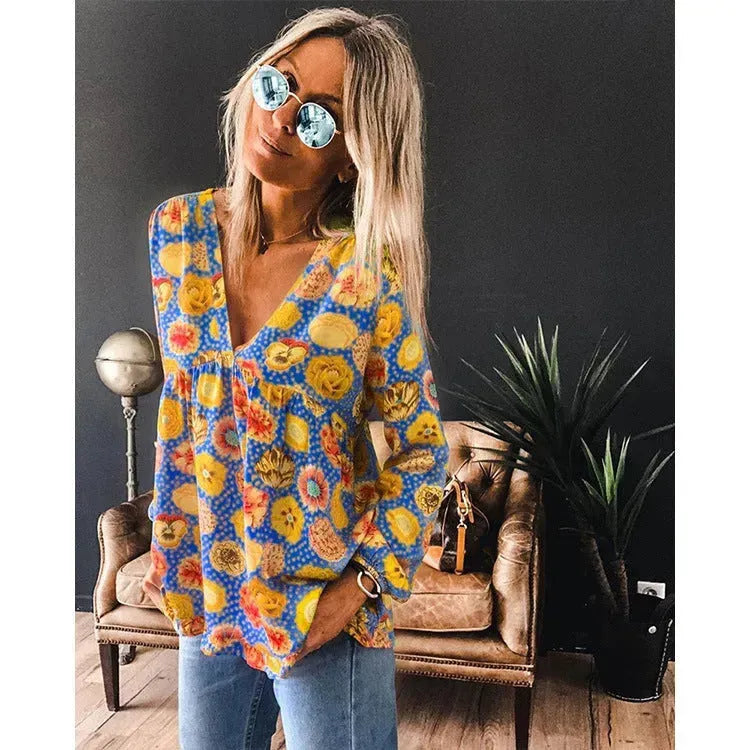 Women Casual Spring Summer New Style Blouse top Printing V-Neck Long-Sleeved - EX-STOCK CANADA