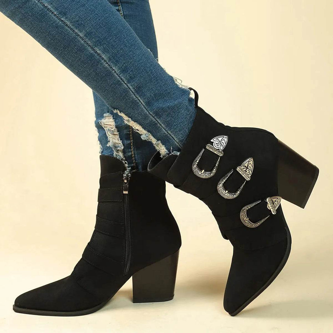 Chunky Heel Pointed Toe Boots With Belt Buckle Design Retro Mid-calf Boot Fashion Fall Winter Shoes For Women - EX-STOCK Canada