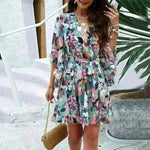 Casual Summer Chiffon Floral Print Short Sleeves Dress Lace Up Ruffles Design Fashion V-neck Short Mini Dresses Womens Clothing - EX-STOCK CANADA