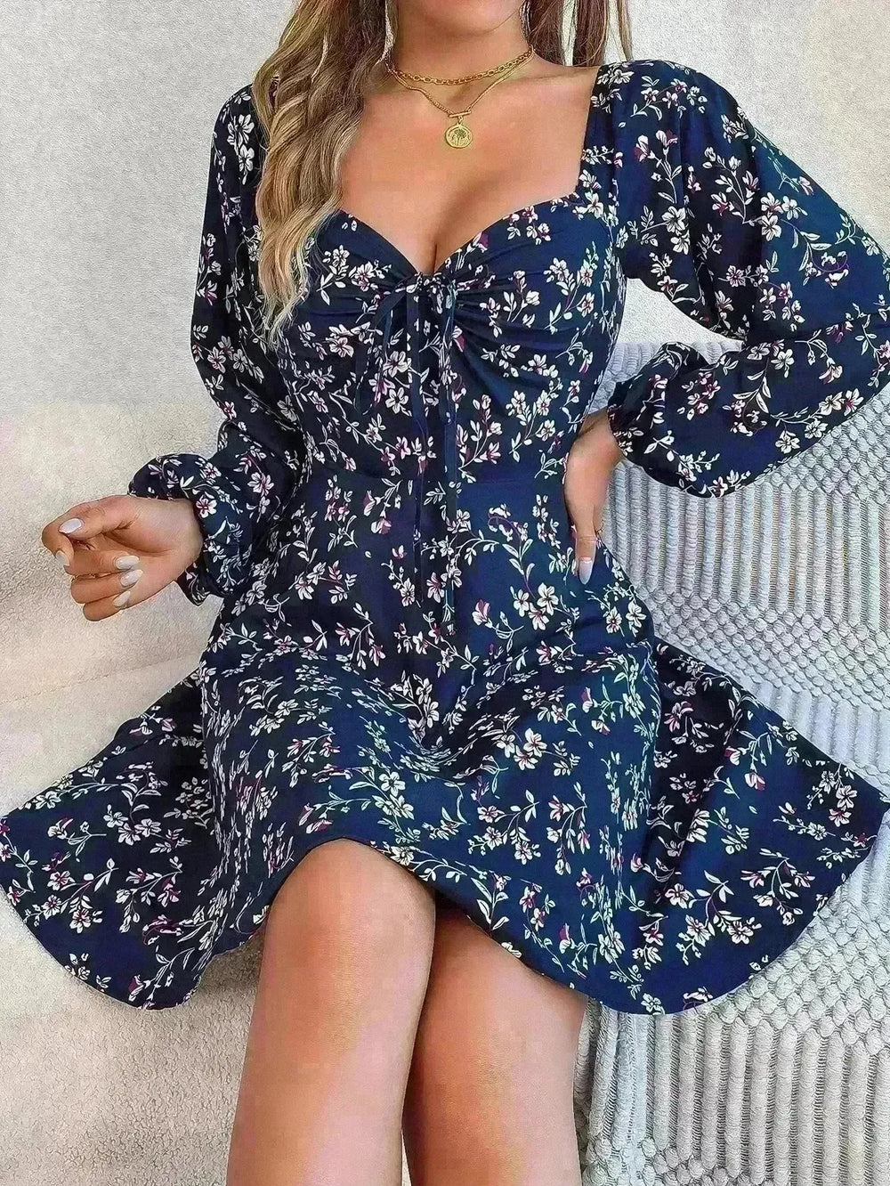 Casual Summer Floral Mini Dress Lantern Sleeve  Skater Dress - EX-STOCK CANADA
