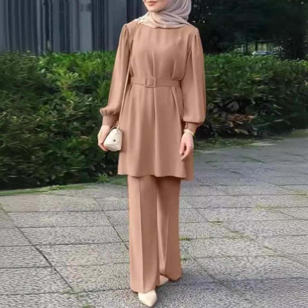Middle East Muslim Round Neck Long Sleeve Belt Elastic Waist Top And Trousers Suit - EX-STOCK Canada