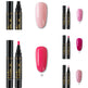 Set of nail art pens and gel polish swatches on a white background