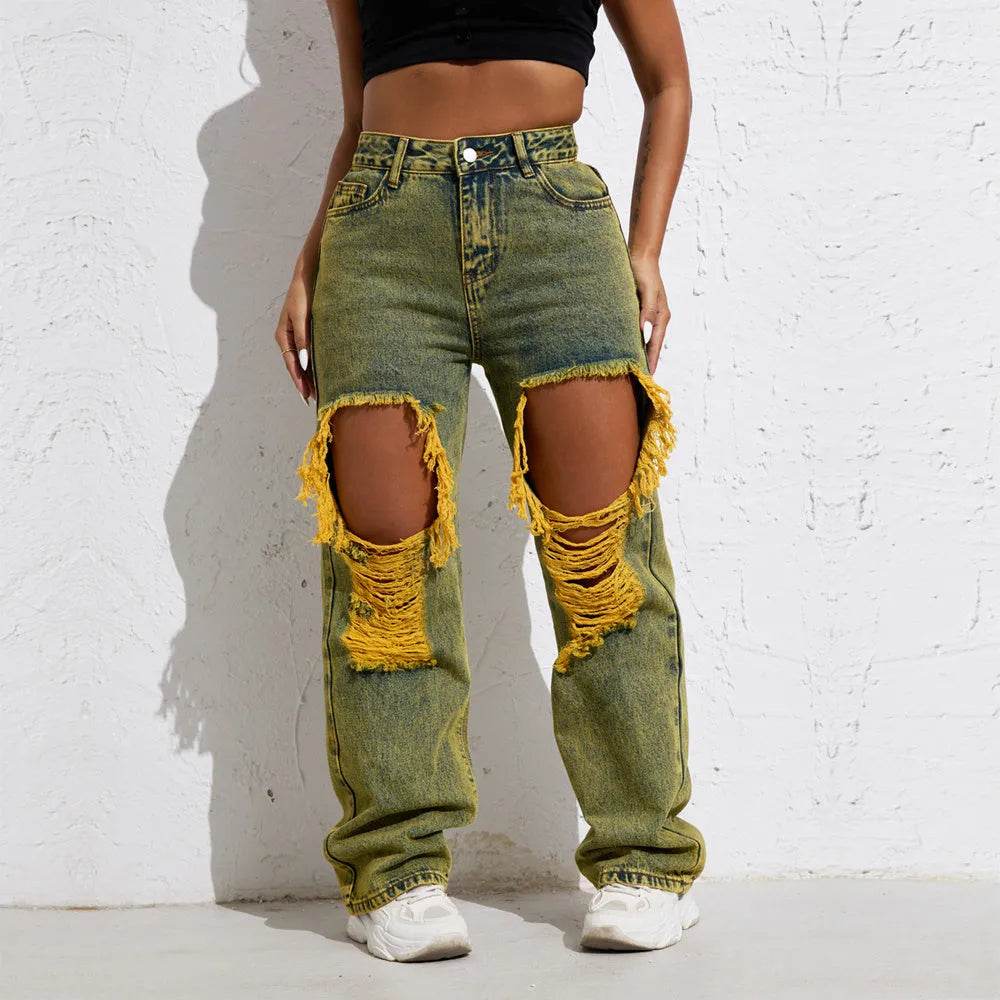 Shascullfites Melody Yellow Wash Streetwear Split Loose Straight Ripped Baggy Jeans Y2K Retro Women Denim Pants - EX-STOCK Canada