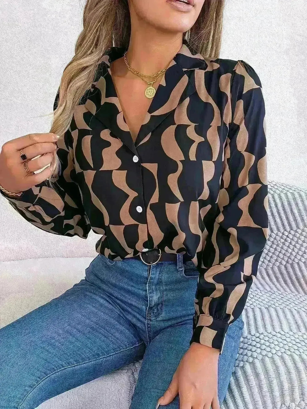 Commuting Elegant Contrast Color Striped Suit Collar Long Sleeve Shirt Formal Top for Women Office Wear Top - EX-STOCK CANADA