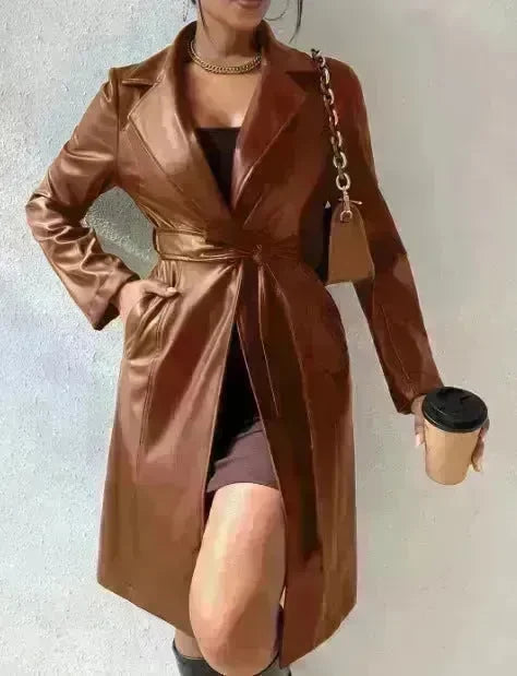 Fashionable Longline leather overcoat Jacket for women - EX-STOCK CANADA