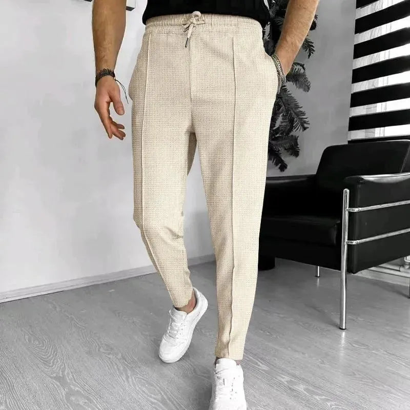 Men's Casual Fashion Waffle High Waist Drawstring Elastic fitted straight leg Pant - EX-STOCK CANADA