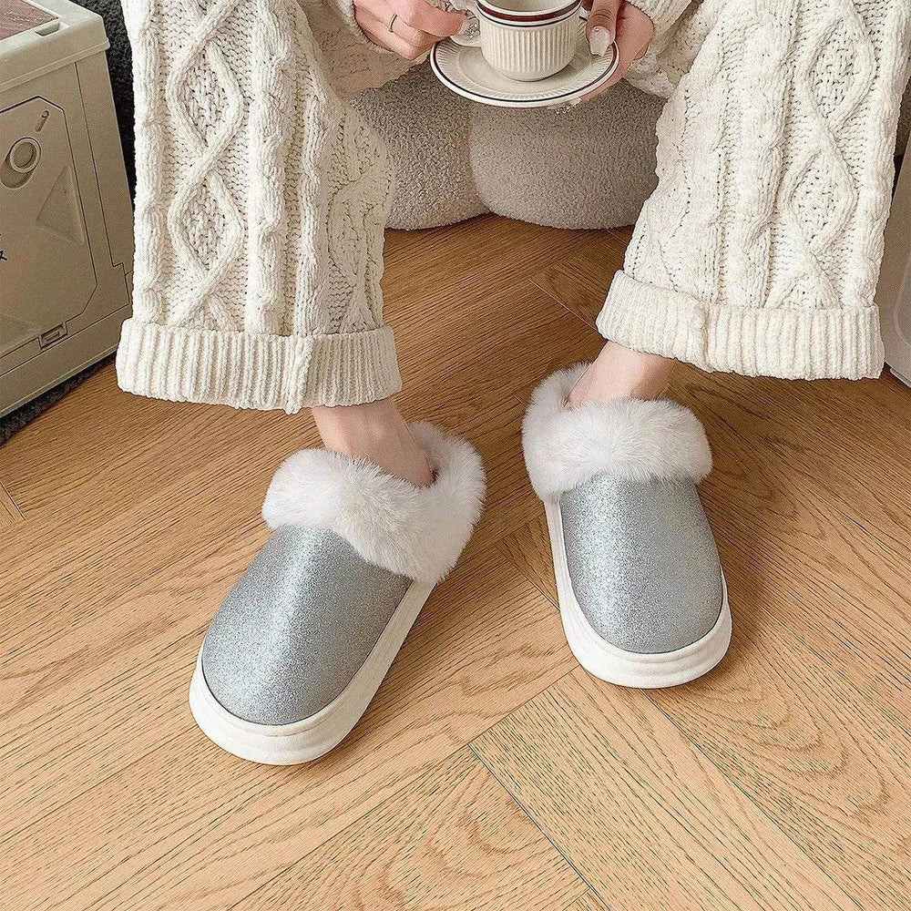 Fashion Frosted Sequined Plush Slippers Winter Warm Home Indoor Non-slip Bedroom Floor Fuzzy Slipper For Couple Women House Shoes - EX-STOCK Canada